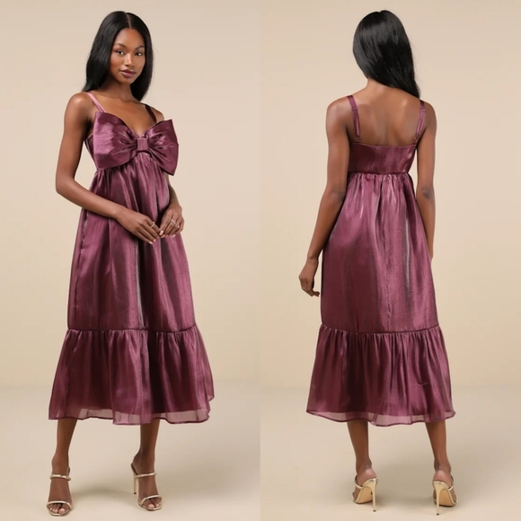 Lulus Dresses & Skirts - Lulus Extravagant Initiative Shiny Plum Organza Bow Midi Dress M Wedding Party